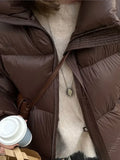 Casual Deep Brown Lapel Zipper Cotton Jacket Women Chic Long Sleeve Button Pocket Thick Warm Coat Lady Winter Commuting Outwear