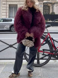 Vintage Faux Fur Thicken Midi Coat Women Burgundy Long Sleeve Lapel Loose Warm Coat 2024 New Winter Chic Street Female Outerwear