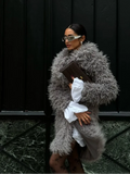 Women Fashion Grey Fluffy Curly Faux Fur Overcoats Elegant Lapel Full Sleeves Long Coat Autumn 2024 Chic Lady Street Warm Jacket