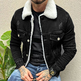 Vintage Mens Denim Jacket Streetwear Fashion Ripped Turn-down Collar Wool Jean Jackets Men Clothes Spring Trendy Denim Outerwear