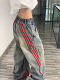 Tryess- Streetwear y2k 90s Fashion Harajuku hip-hop red striped splicing design oversized high-waisted jeans women y2k street aesthetic popular straight baggy pant