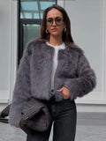 Fashion Grey Round Collar Faux Fur Coat Women Chic Loose Full Sleeve Warm Short Plush Jacket 2024 New Female New High Streetwear