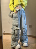 Tryess-Light blue washed ripped multi-pocket high street cargo pants women 2024 aesthetic fashion American retro wide leg baggy jeans