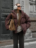 Women Vintage Brown Stand Collar Down Jacket Fashion Long Sleeves Zipper Cotton Coat Winter Ladies Commuting Warm Fluffy Outwear