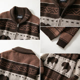 Retro Graphic Crochet Knit Jacket Coat Mens Fall Winter Fashion Lapel Zipper Sweater Cardigans Men Vintage Knitted Sweatercoats