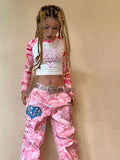 Tryess- Streetwear y2k 90s Fashion Pink camouflage cartoon pattern straight Y2K jeans womens street hip hop design niche hot girl street wide leg baggy pants 2000s