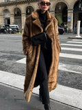 Vintage Fashion Brown Faux Fur Thick Long Overcoat Cardigan Fleece Warm Long Trench Coat Winter Fluffy Plush 2024 New Streetwear