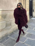 Vintage Faux Fur Thicken Midi Coat Women Burgundy Long Sleeve Lapel Loose Warm Coat 2024 New Winter Chic Street Female Outerwear