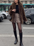 Deep Brown Big Lapel Faux Fur Women Coat Fashion Solid Fluffy Long Sleeved Thick Warm Jacket 2024 Winter Lady Casual Streetwear