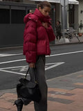 Casual Winter Women New Lady Red Cotton Coat Fashion Long Sleeve Hooded Thick Warm Short Jacket 2024 Cool Lady Commuting Outwear