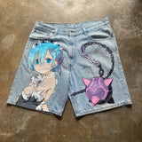 Tryess- Streetwear y2k 90s Fashion Kawaii cartoon anime character print oversized denim shorts womens y2k vintage summer aesthetic simple cute niche casual shorts