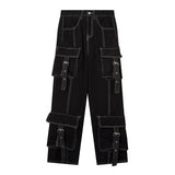 Tryess-Aesthetic fashion white line black design high waisted jeans women 2024 autumn and winter hip-hop high street casual cargo pants