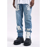 Tryess Streetwear High Street REMAKE y2k Straight Stickers Blue Denim Jeans Trousers for men homme