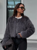 Fashion Grey Round Collar Faux Fur Coat Women Chic Loose Full Sleeve Warm Short Plush Jacket 2024 New Female New High Streetwear