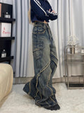 Tryess- Streetwear y2k 90s Fashion Harajuku washed distressed stitching raw edge high street trendy casual jean for women 2024 flesh-covering design straight pants