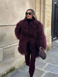 Vintage Faux Fur Thicken Midi Coat Women Burgundy Long Sleeve Lapel Loose Warm Coat 2024 New Winter Chic Street Female Outerwear