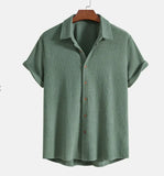 Tryess-Summer Men's Short Sleeve Solid Color Single breasted Casual Loose Beach Shirt