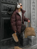 Women Vintage Brown Stand Collar Down Jacket Fashion Long Sleeves Zipper Cotton Coat Winter Ladies Commuting Warm Fluffy Outwear