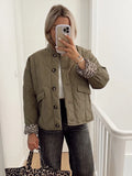 Casual Leopard Print Lining Splicing Cotton Jacket Women Fashion O-neck Button Pocket Thick Coat 2024 Ladies High Street Outwear