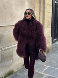 Vintage Faux Fur Thicken Midi Coat Women Burgundy Long Sleeve Lapel Loose Warm Coat 2024 New Winter Chic Street Female Outerwear