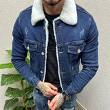 Vintage Mens Denim Jacket Streetwear Fashion Ripped Turn-down Collar Wool Jean Jackets Men Clothes Spring Trendy Denim Outerwear