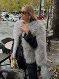 Winter Grey Round Neck Faux Fur Coat Fashion Sleeveless Fluffy Thicken Warm Outcoat Split Short Jacket 2025 Lady High Streetwear