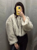 Women Gradient Cropped Faux Fur Coat Chic Round Neck Long Sleeve Thick Coat 2024 New Fashion Autumn Winter Fluffy Short Jacket ﻿