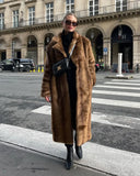 Vintage Fashion Brown Faux Fur Thick Long Overcoat Cardigan Fleece Warm Long Trench Coat Winter Fluffy Plush 2024 New Streetwear