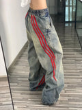 Tryess- Streetwear y2k 90s Fashion Harajuku hip-hop red striped splicing design oversized high-waisted jeans women y2k street aesthetic popular straight baggy pant