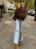 Brown Fluffy Short Faux Fur Women Jacket Elegant Lapel Long Sleeve Cardigan Coat 2024 Autumn Winter Ladies Warm High Streetwear