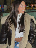 Dark Brown Color Faux Leather Warm Thick Fluffy Coat Fashion Long Sleeve Big Lapel Zipper Outerwear 2024 Fall Chic Street Coat