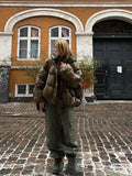 Vintage Army Green Fluffy Hooded Down Coat Elegant Stand Collar Long Sleeve Zipper Cotton Jacket Women Winter Lady Warm Outwear