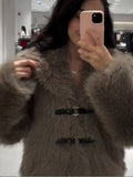 Elegant Lapel Warm Fluffy Faux Fur Jacket 2024 Chic Belt Buckle Full Sleeved Plush Coat New Autumn Winter Female Loose Outerwear