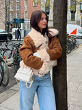 Women Brown Faux Fur Splicing Short Jacket Lapel Zipper Fluffy Thicken Cropped Coat 2024 New Fall Female Office High Streetwear