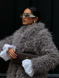 Women Fashion Grey Fluffy Curly Faux Fur Overcoats Elegant Lapel Full Sleeves Long Coat Autumn 2024 Chic Lady Street Warm Jacket