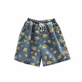 Tryess-Summer Denim Shorts Men Fashion Drawstring Retro Flower Shorts Men Streetwear Hip-hop Loose Print Denim Shorts Mens Beach Shorts