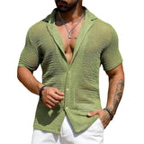 TRYESS Streetwear Fashion Knitwear Mens Shirt Sexy See Through Knit Tops Men Summer Casual Button Lapel Short Sleeve Hollow Out Shirt