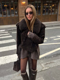 Fashion Vintage Brown Faux Fur Jacket Women Chic Lapel Long Sleeve Button Belt Short Coat 2024 Autumn New Female High Streetwear