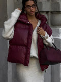 Women Burgundy Winter Sleeveless Thicken Vest Zipper Stand Collar Oversize Warm Quilted Coat 2024 New Fashion Ladies Streetwear