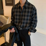 Tryess-Korean Plaid Shirt Men Oversized Fashion Retro Casual Shirt Men Streetwear Loose Long Sleeved Shirt Mens Black Vintage Shirts