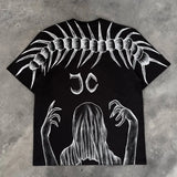 Tryess-Gothic skeleton geometric pattern printed O-neck black T-shirts for women American vintage hip-hop summer popular casual y2k top