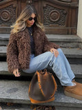 Brown Fluffy Short Faux Fur Women Jacket Elegant Lapel Long Sleeve Cardigan Coat 2024 Autumn Winter Ladies Warm High Streetwear