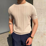 TRYESS 2024 Summer Men Knit Ice silk T shirts High Quality Solid Color Stripe Short sleeve O-neck Tee Tops Mens Thin Slim Fit T-Shirts