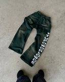 Hip-hop street lettering side design elastic waisted straight pants mens y2k dark green fashion skateboard rock baggy sweatpants