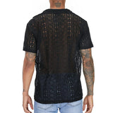 Tryess-Men Fall Outfits Outwear Streetwear y2k 90s Fashion Men's Short-Sleeve Hollow-Out Lace Shirt Single Breasted Lapel Perspective  Shirt Top