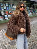 Brown Fluffy Short Faux Fur Women Jacket Elegant Lapel Long Sleeve Cardigan Coat 2024 Autumn Winter Ladies Warm High Streetwear