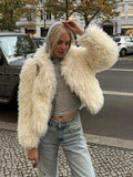 Fluffy Solid Short Faux Fur Jacket Women Luxury Lapel Long Sleeve Cardigan Coat 2024 New Autumn Winter Warm Lady High Street Top