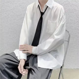 TRYESS White Solid Shirts With Tie Men's Oversize Long Sleeve Casual Cardigan Fashion Spring Autumn Blouses Unisex Daily All-match Tops