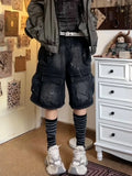 High street multi-pocket Harajuku washed black y2k denim shorts women 2000s summer aesthetic hip-hop popular niche cargo short