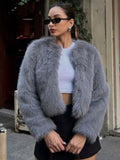 Fashion Grey Round Collar Faux Fur Coat Women Chic Loose Full Sleeve Warm Short Plush Jacket 2024 New Female New High Streetwear